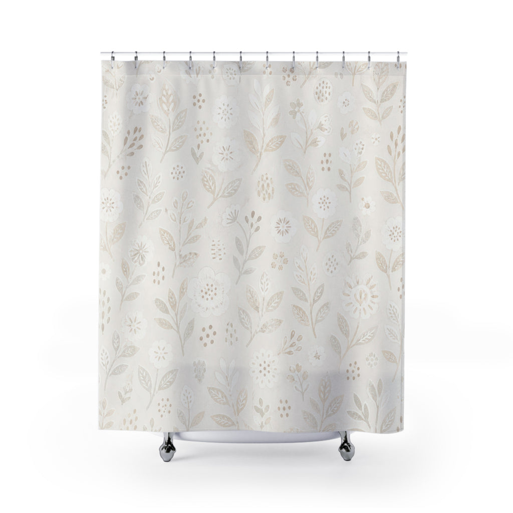 White Floral Shower Curtain, Boho Botanical Bath Decor, Ivory Leaf Vine Pattern, Cream Guest Bathroom Decor, Soft Garden Style Decor