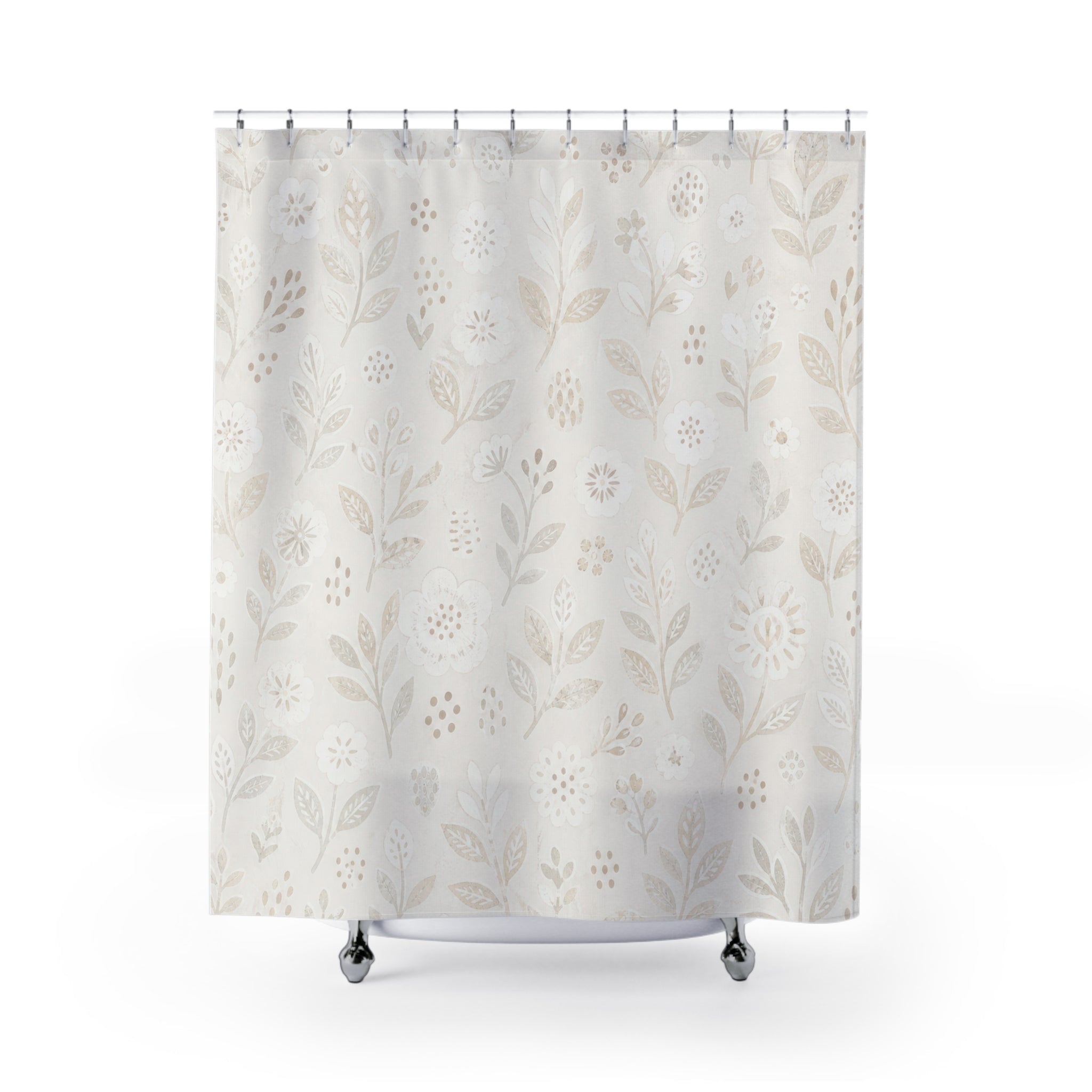 White Floral Shower Curtain, Boho Botanical Bath Decor, Ivory Leaf Vine Pattern, Cream Guest Bathroom Decor, Soft Garden Style Decor