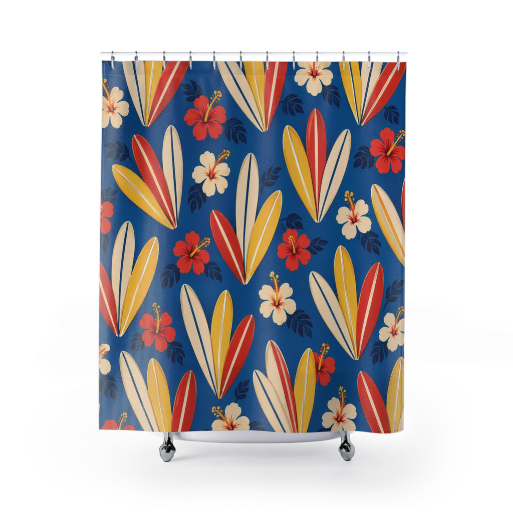 Hawaiian surfboards and hibiscus on blue shower curtain with full front view
