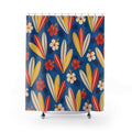 Hawaiian surfboards and hibiscus on blue shower curtain with full front view