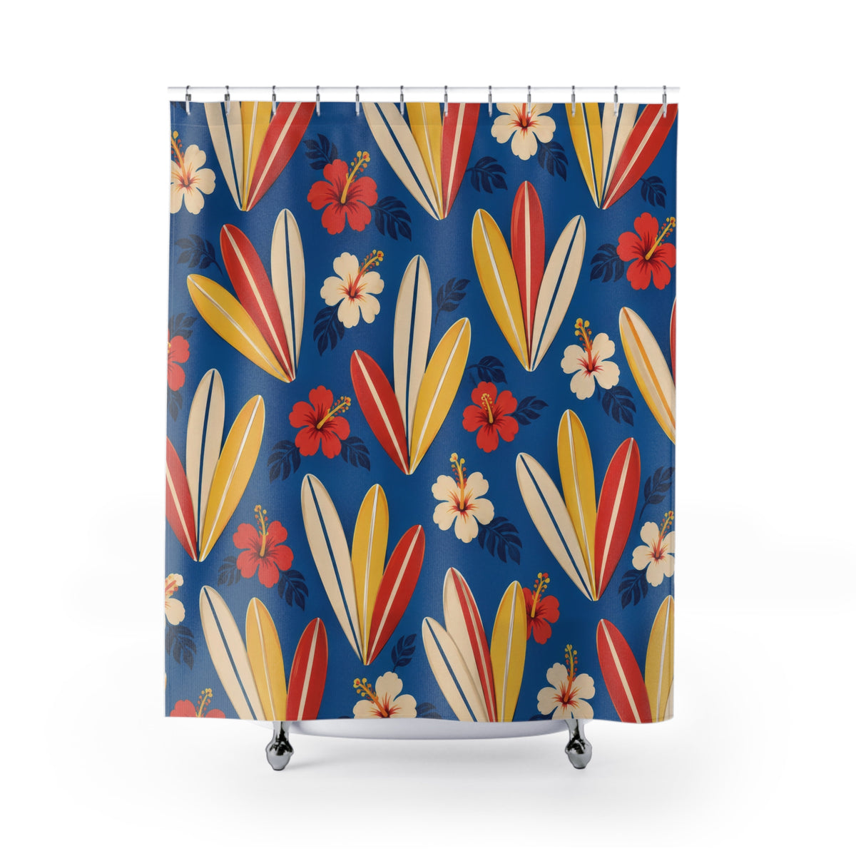 Hawaiian surfboards and hibiscus on blue shower curtain with full front view