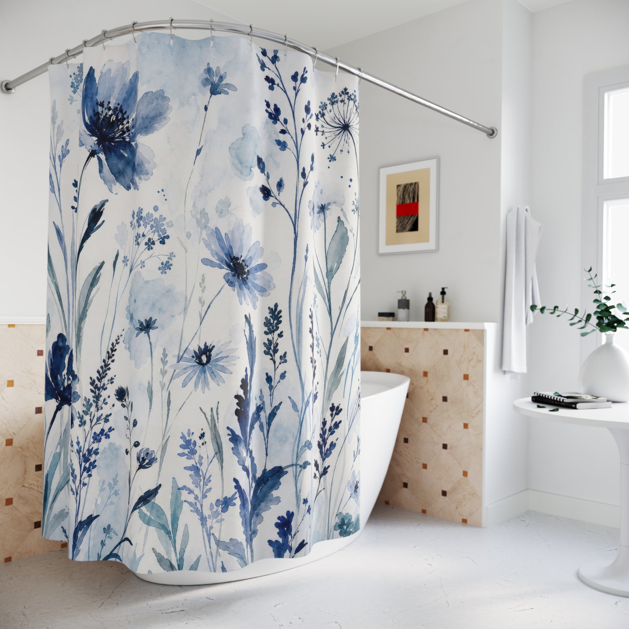 Watercolor Floral Wildflower Flower Blue Botanical Shower Curtain