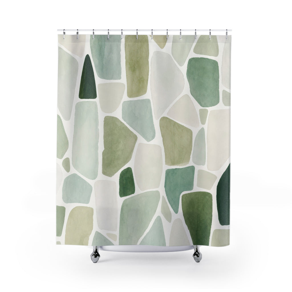 Green White Shower Curtain, Abstract Mosaic Bath Decor, Sage Tile Pattern, Modern Guest Bathroom Decor, Soft Organic Fresh Style Decor