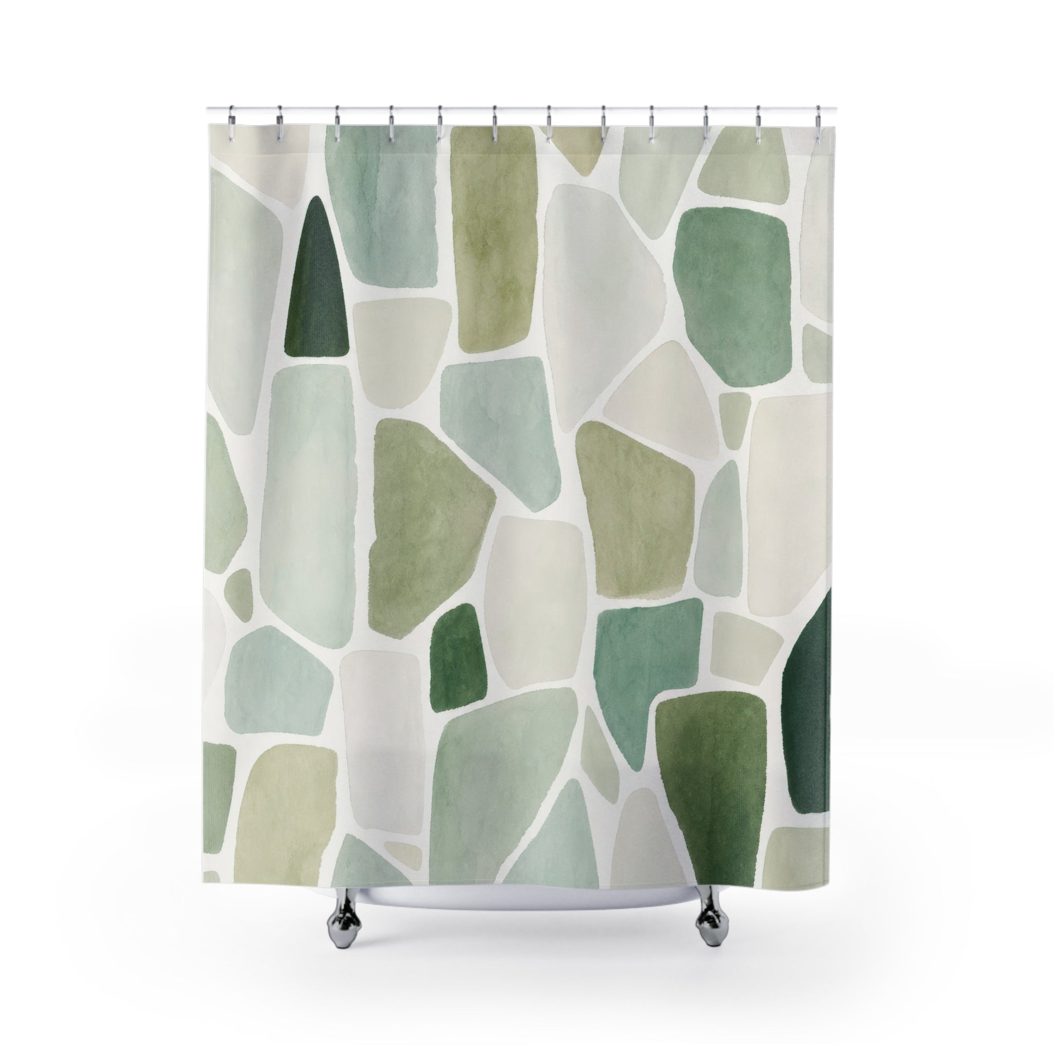 Green White Shower Curtain, Abstract Mosaic Bath Decor, Sage Tile Pattern, Modern Guest Bathroom Decor, Soft Organic Fresh Style Decor