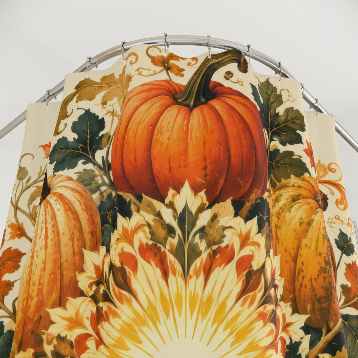 Orange pumpkin harvest rosette shower curtain with close-up print, hooks, and folds