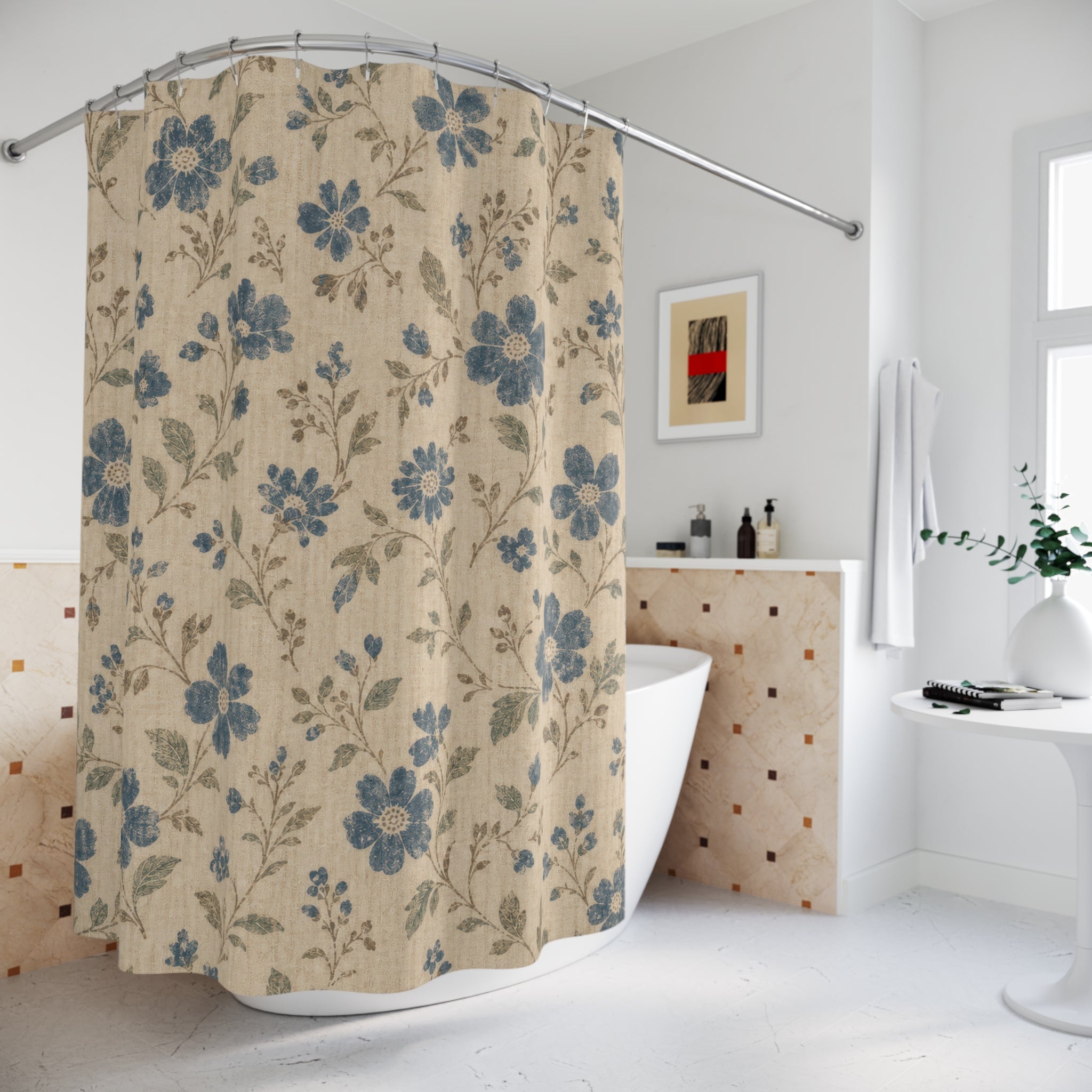 Vintage Farmhouse Blue Floral Shower Curtain