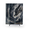 Diving falcon inside a charcoal and slate blue storm spiral shower curtain, full front view