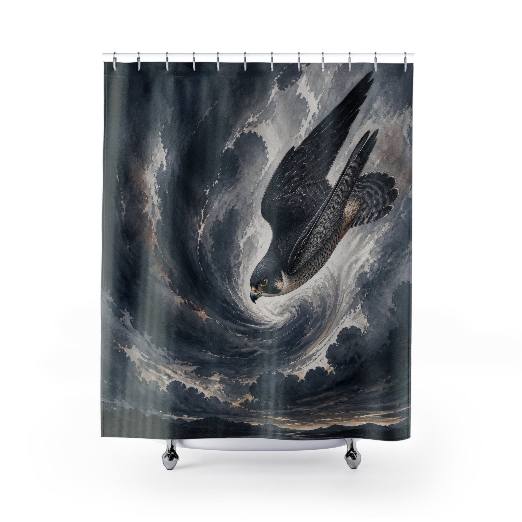 Diving falcon inside a charcoal and slate blue storm spiral shower curtain, full front view