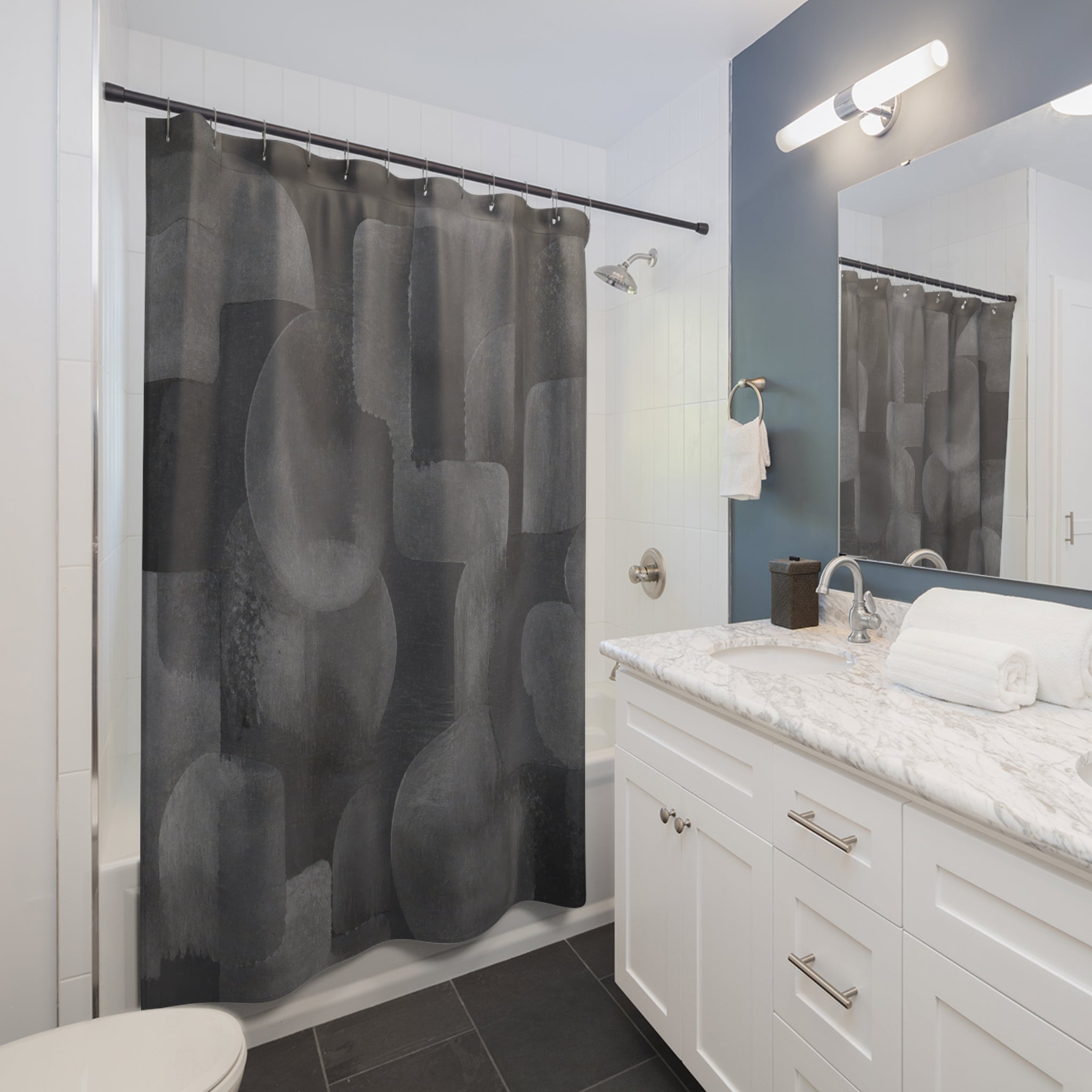 Abstract Shower Curtain, Gray Geometric Bath Decor, Rounded Block Pattern, Modern Neutral Guest Bathroom Decor, Dark Modern Gray Style