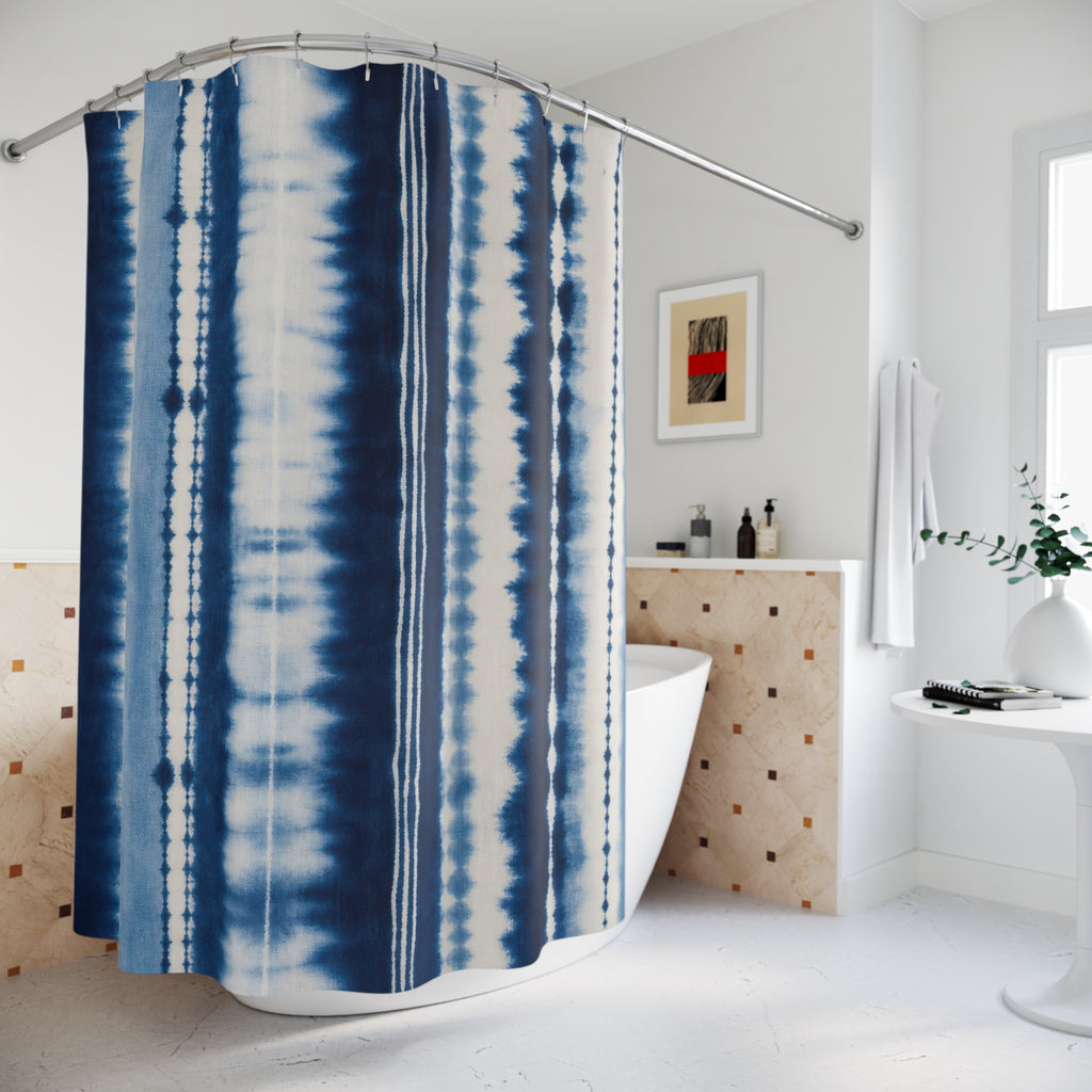Navy White Tie Dye Look Vertical Stripe Shower Curtain