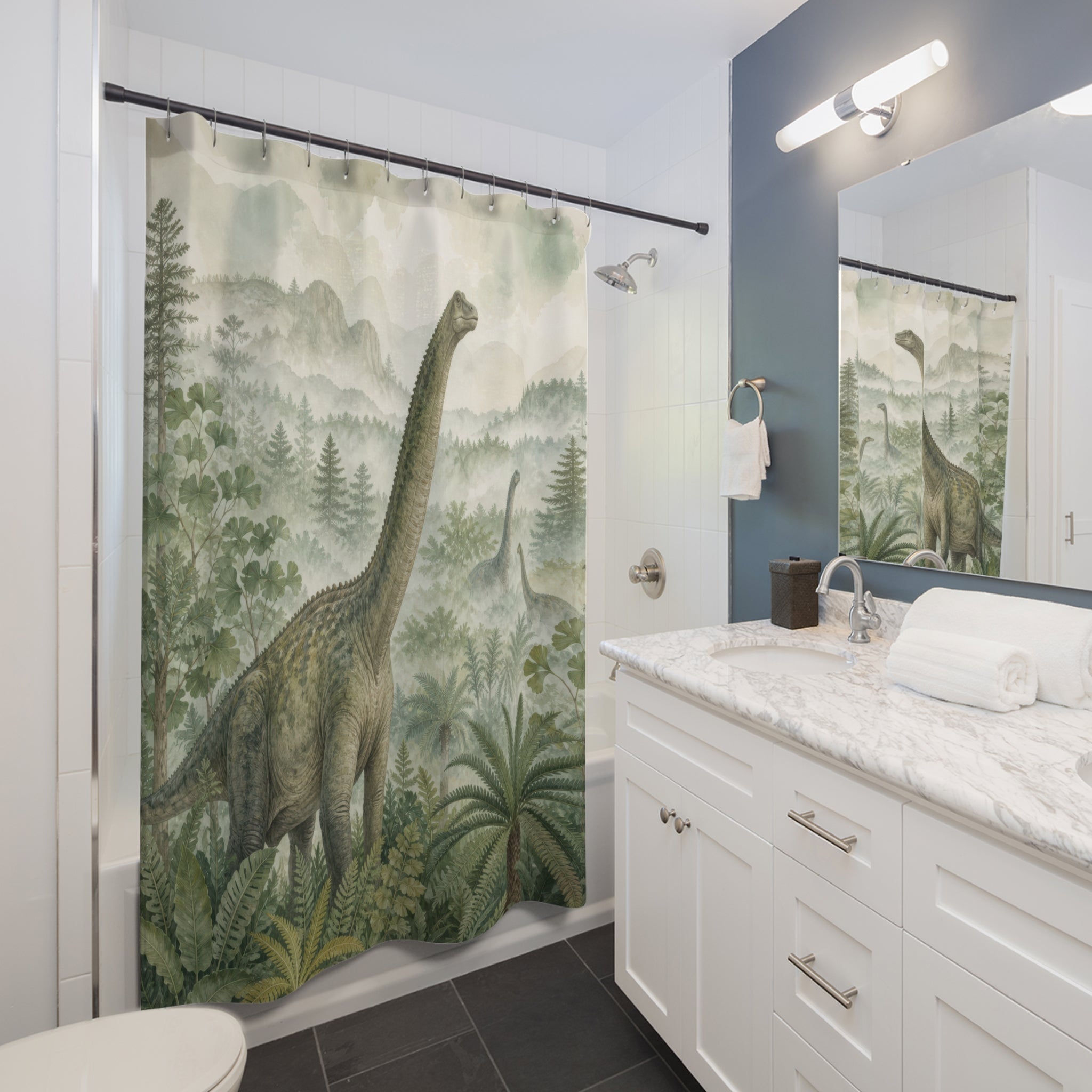 Sage watercolor sauropod family in a misty forest shower curtain beside a white vanity