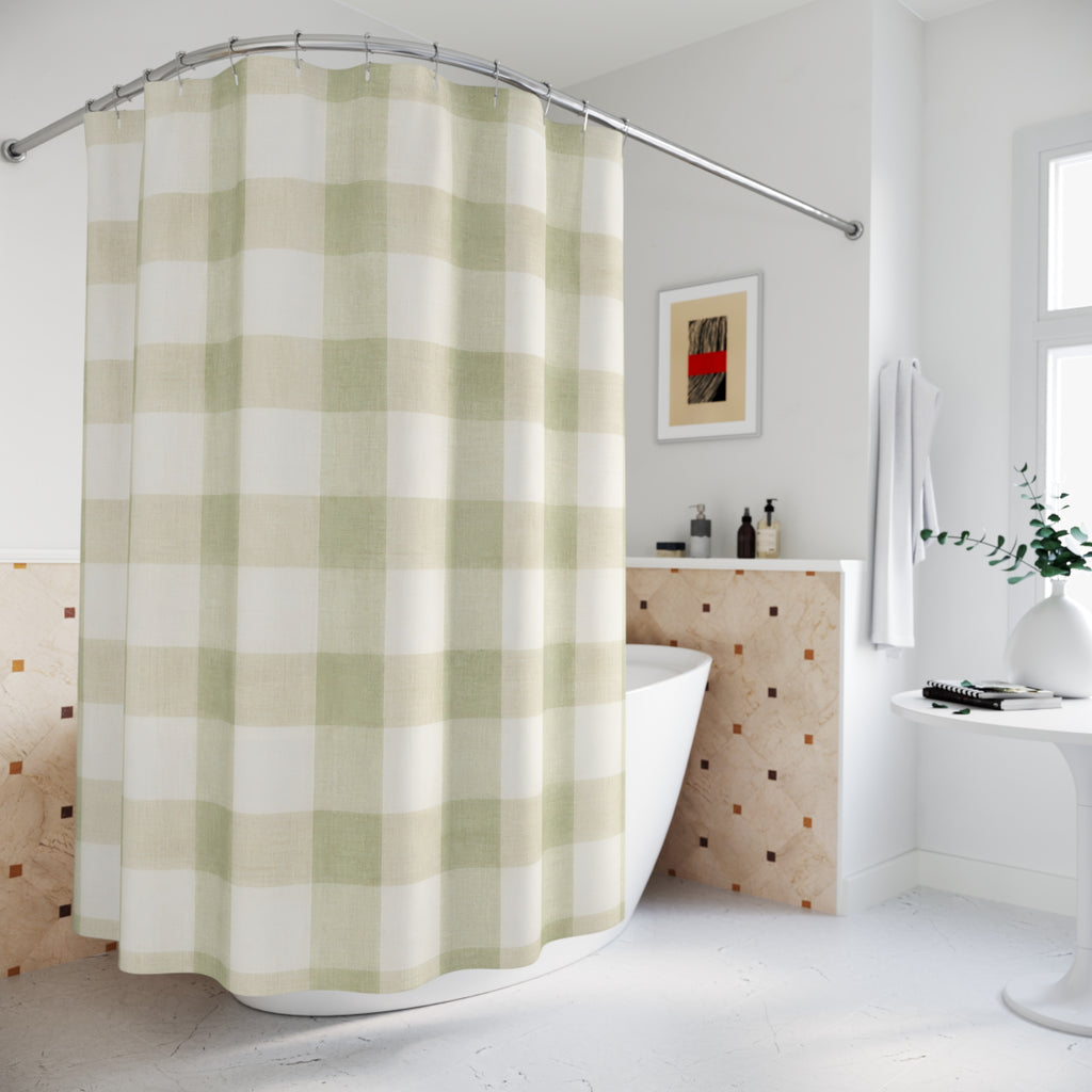 Sage Shower Curtain, Gingham Bath Decor, Green White Checkered Pattern, Farmhouse Guest Bathroom Decor, Soft Sage Green Gingham Style