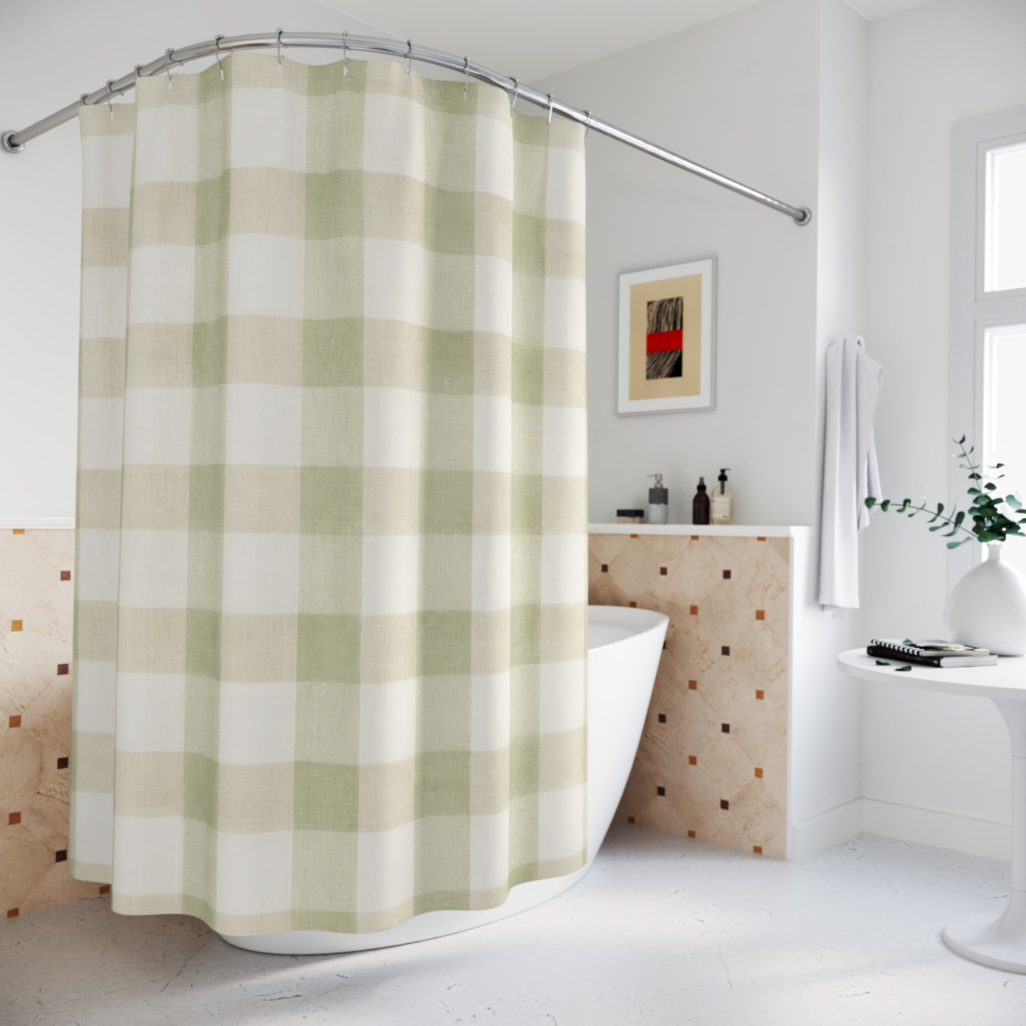 Sage Shower Curtain, Gingham Bath Decor, Green White Checkered Pattern, Farmhouse Guest Bathroom Decor, Soft Sage Green Gingham Style