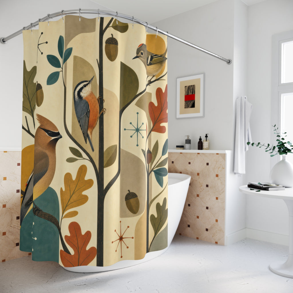 Cedar waxwing nuthatch and kinglet in a retro grove shower curtain beside a freestanding tub