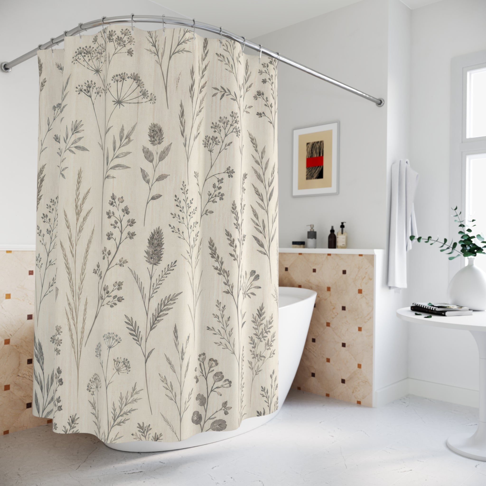 Charcoal Gray Botanical Herb Meadow Shower Curtain