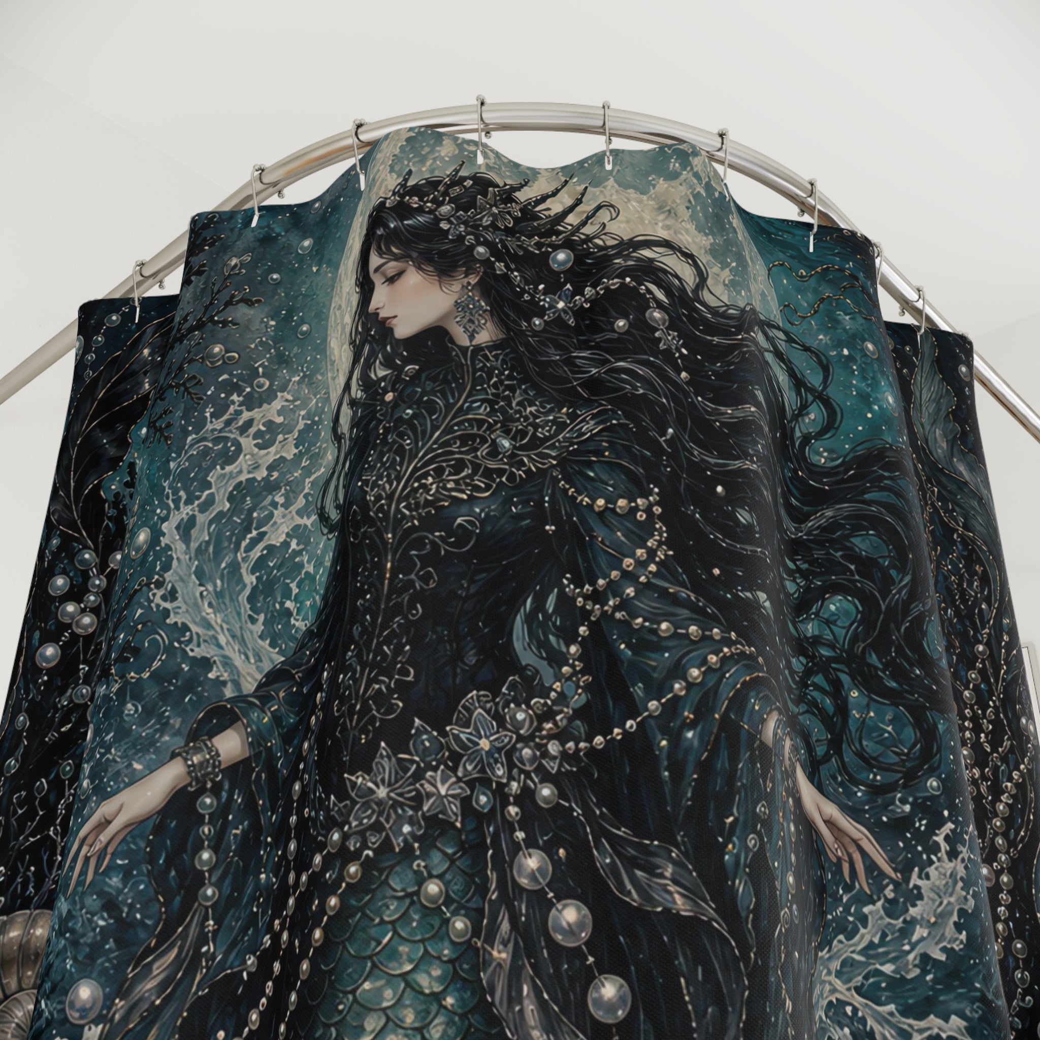 Black Mermaid Moon Ocean Shower Curtain