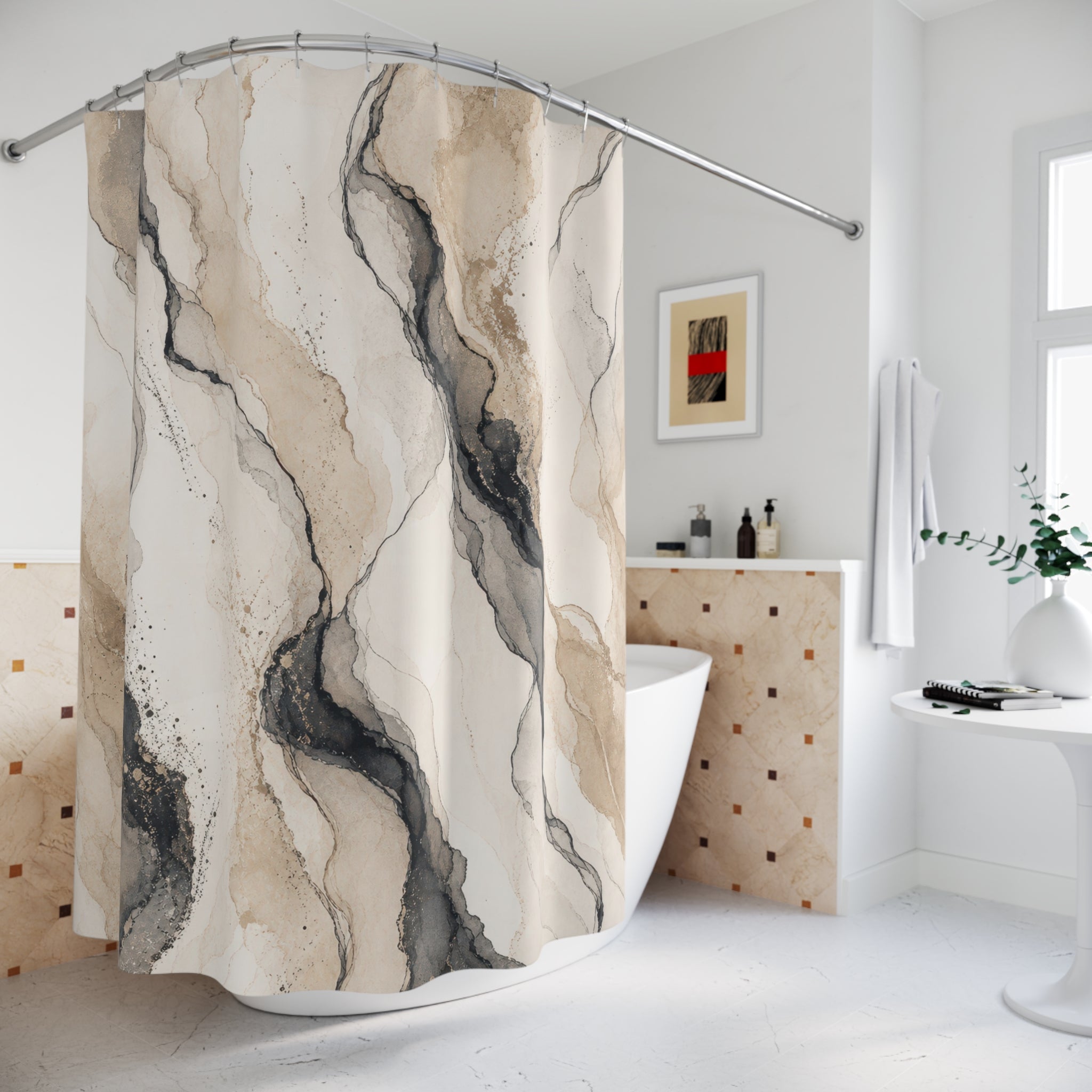 Black Beige Abstract Stone Shower Curtain
