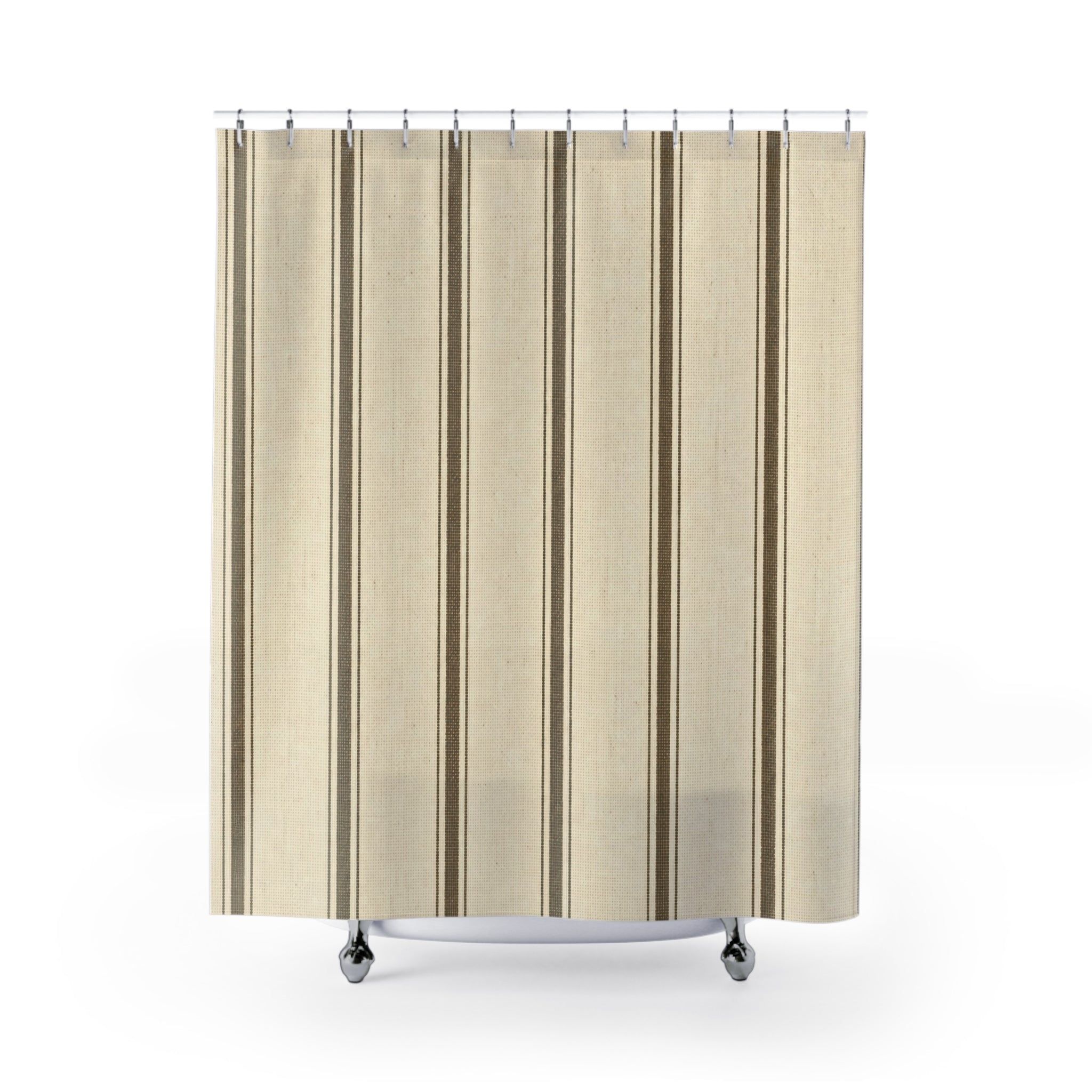 Brown Striped Shower Curtain, Cream Dark Brown Bath Decor, Classic Vertical Stripe Pattern, Modern Farmhouse Guest Bathroom Decor Style