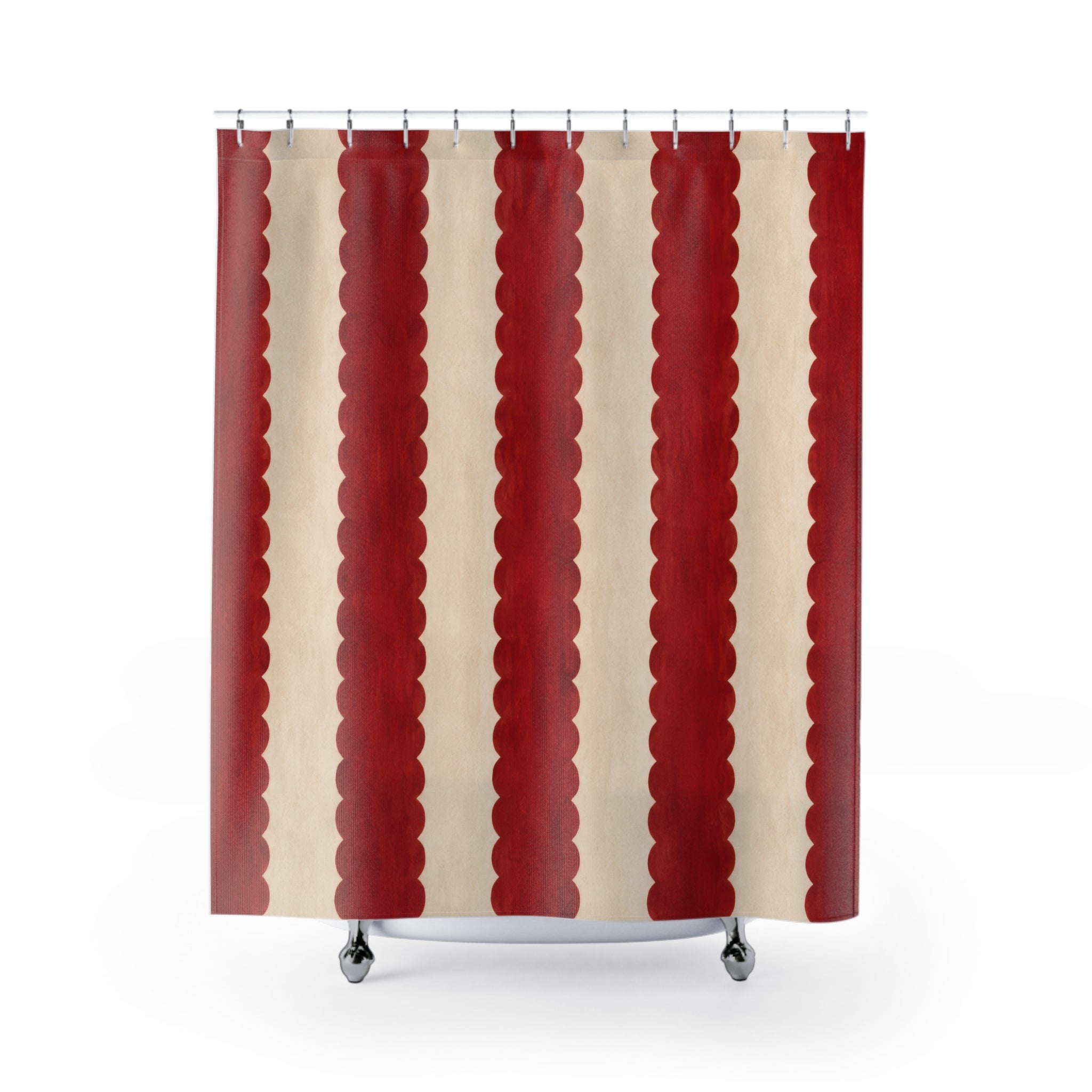 Red and White Striped Scallop Scalloped Cottage Grandmillennial Shower Curtain