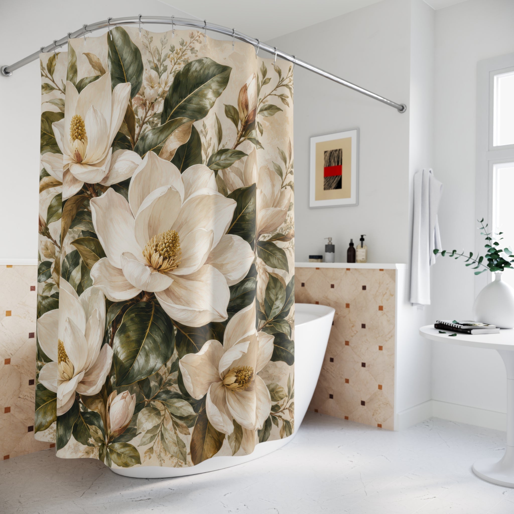 Magnolia Shower Curtain: White Botanical Flower