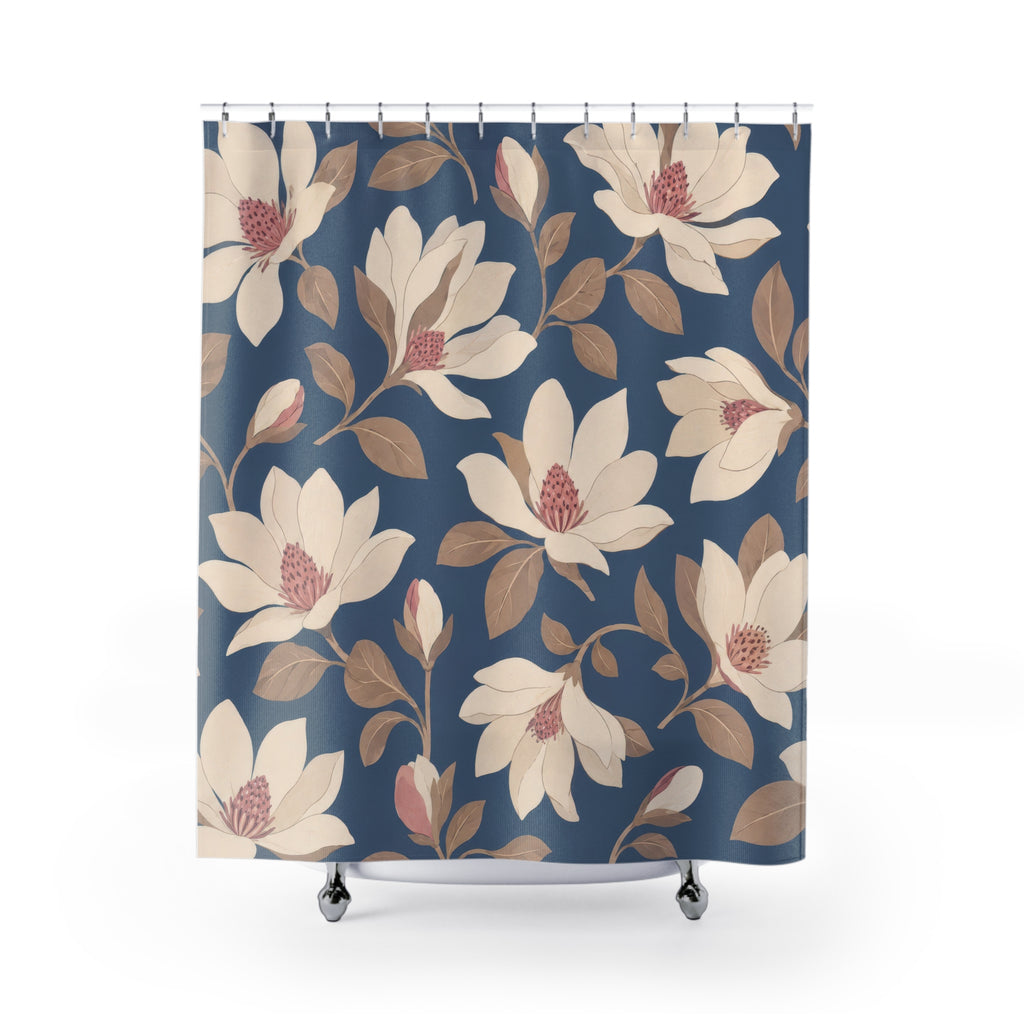 Cream and blush magnolia pattern on slate blue shower curtain with full front view