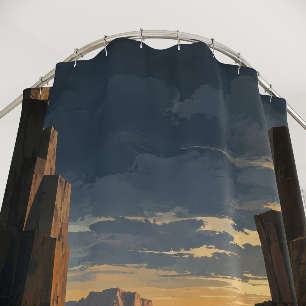 Charcoal desert canyon framing an amber sunset shower curtain with close-up print, hooks, and folds