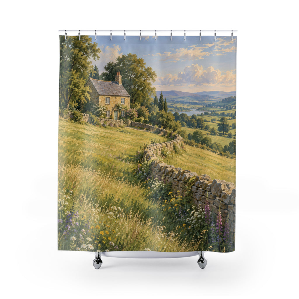 Stone cottage above a sunlit meadow and curving wall shower curtain with full front view
