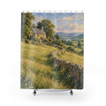 Stone cottage above a sunlit meadow and curving wall shower curtain with full front view