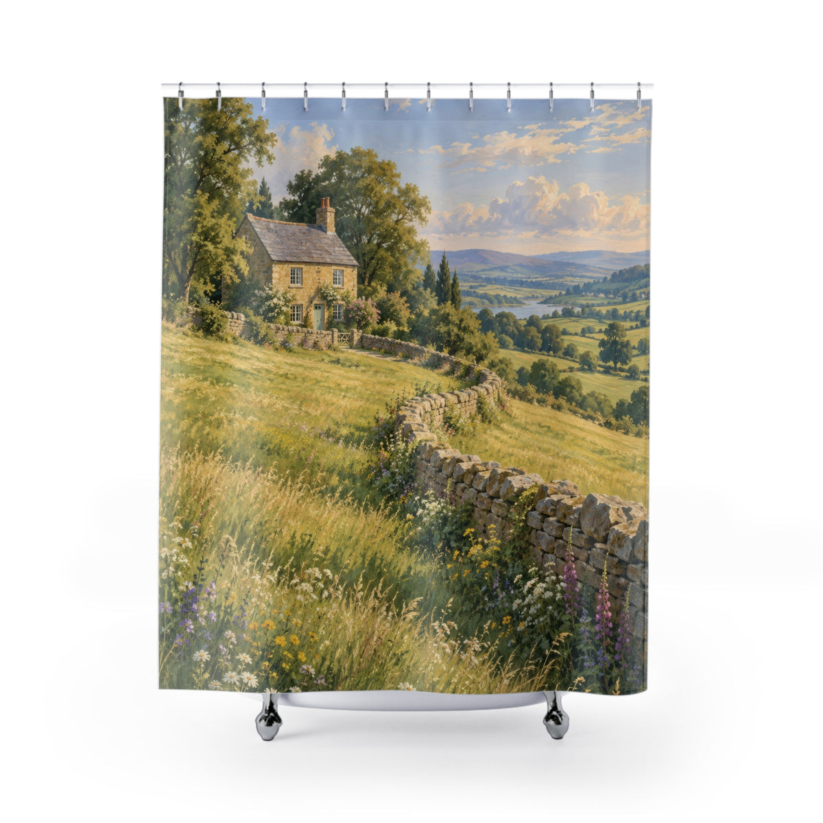 Stone cottage above a sunlit meadow and curving wall shower curtain with full front view