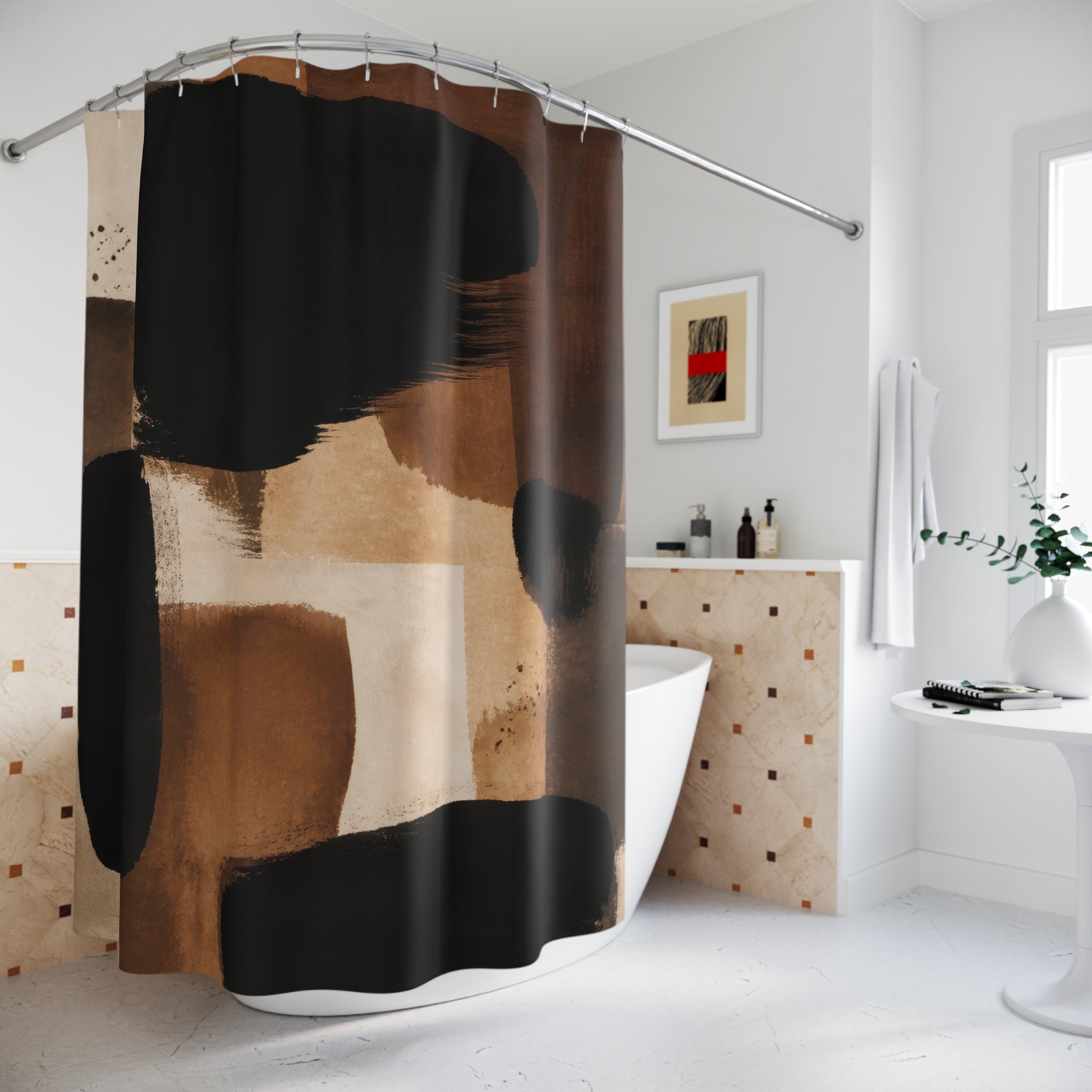 Brown Abstract Shower Curtain, Black Cream Modern Bath Decor, Painterly Block Pattern, Modern Warm Neutral Guest Bathroom Decor Style
