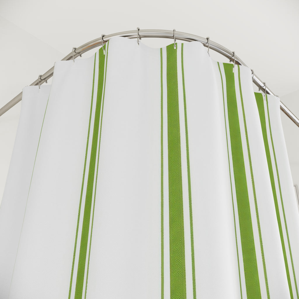 White Farmhouse Green Stripe Shower Curtain