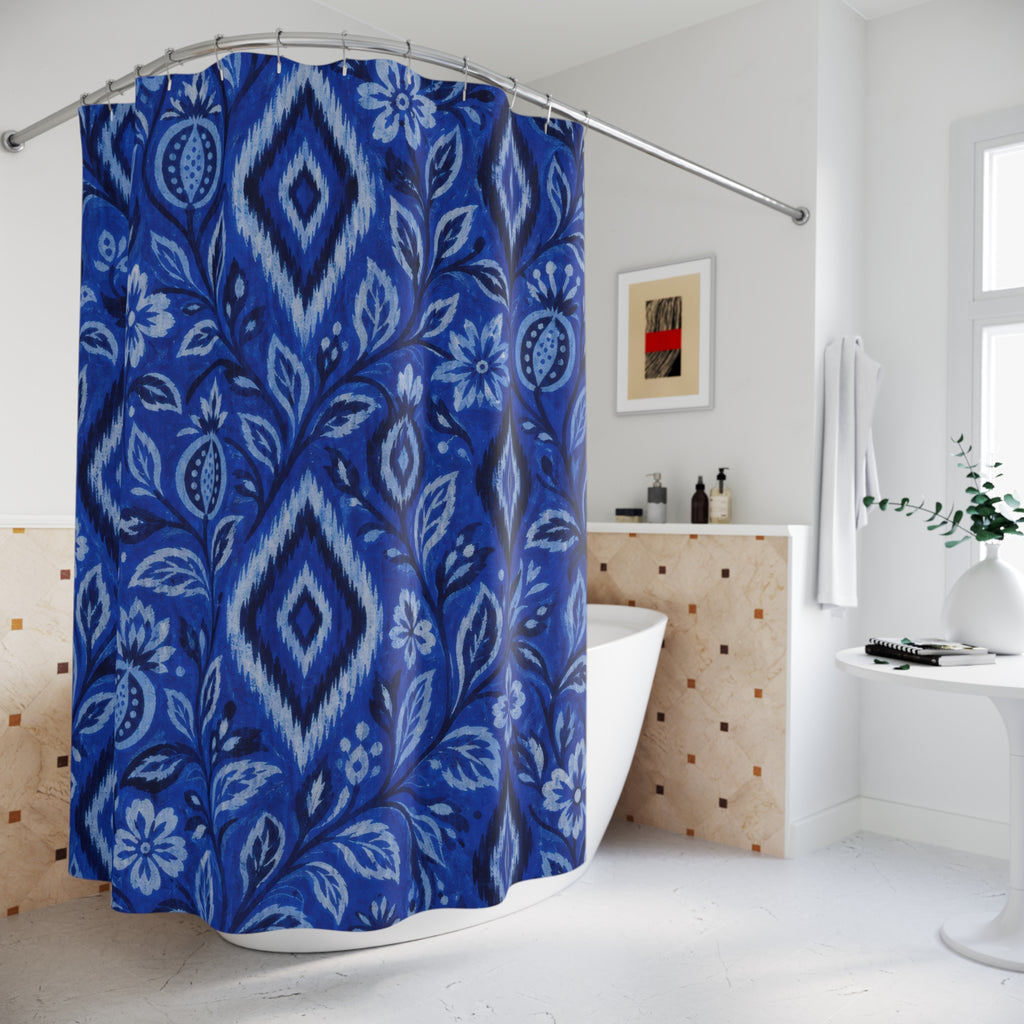 Blue Ikat Floral Shower Curtain, Indigo Blue Bohemian Bathroom Decor, Ikat Floral Bath Curtain, Guest Bath Decor, Small Bathroom Decor