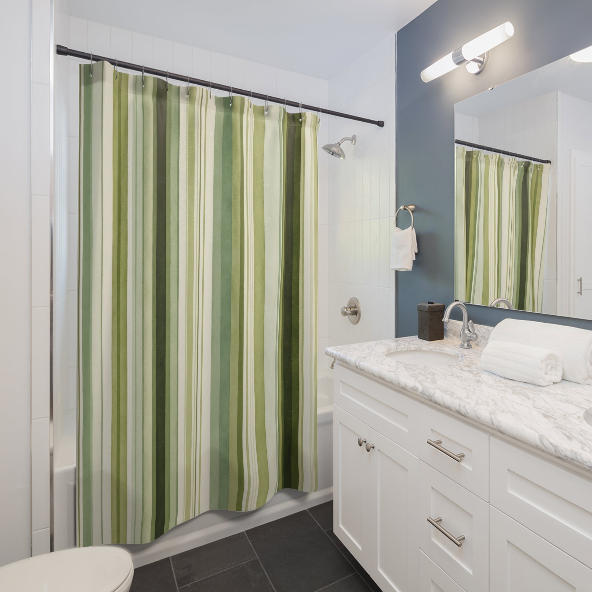 Forest Olive Green Watercolor Stripe Shower Curtain