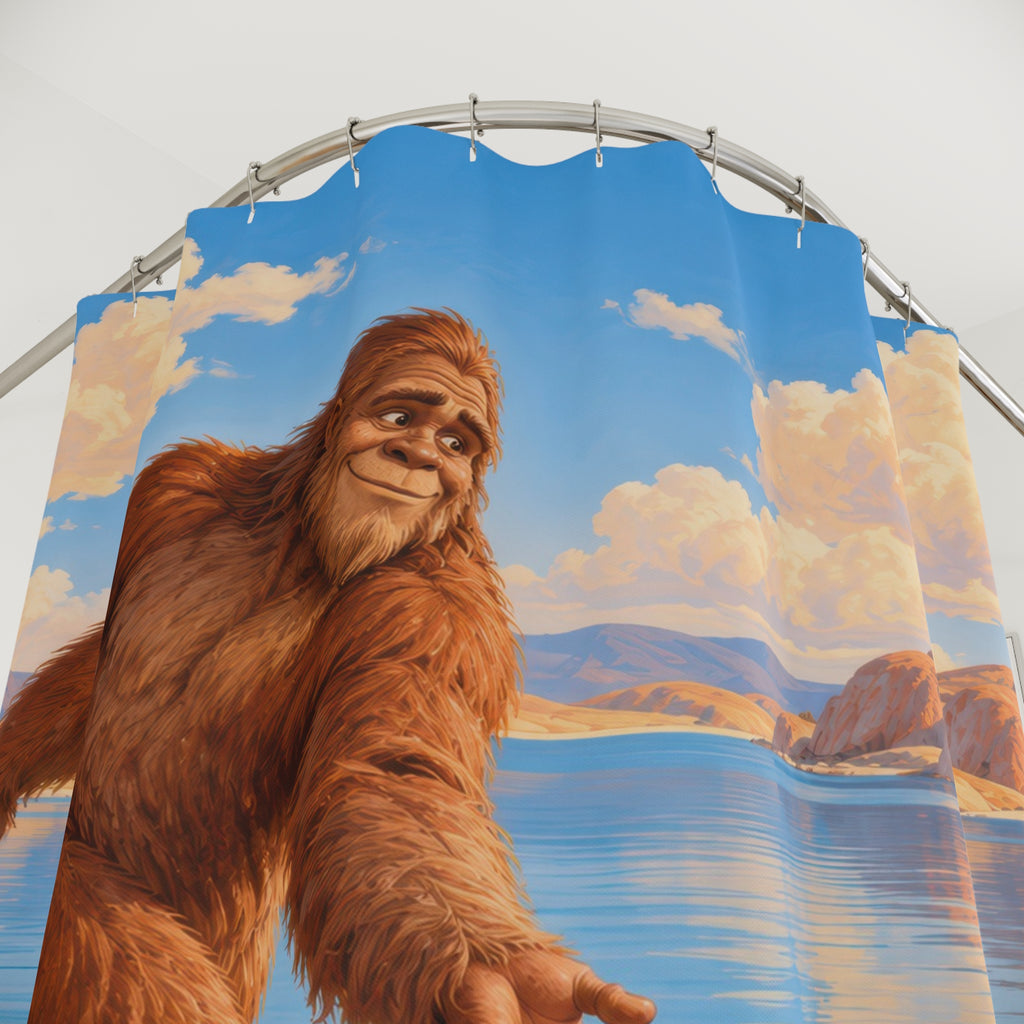 Cinnamon Bigfoot skipping a stone across a blue lake shower curtain with close-up print, hooks, and folds