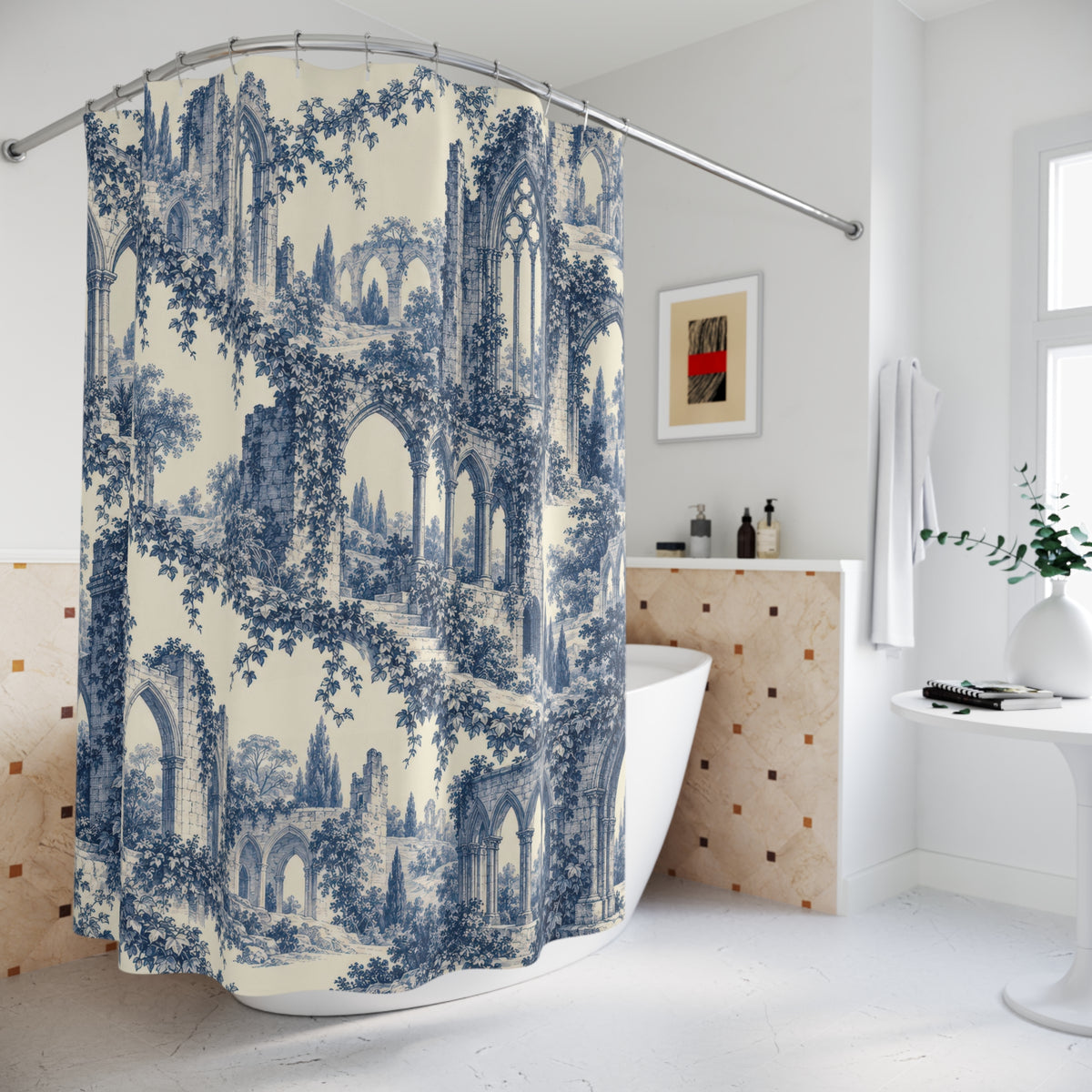 Blue Gothic abbey arches and trailing ivy on ivory shower curtain beside a freestanding tub