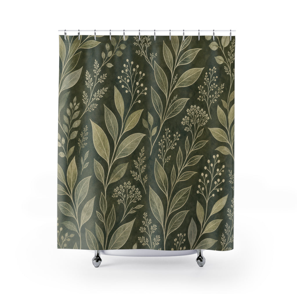 Deep Olive Leaf Print Shower Curtain