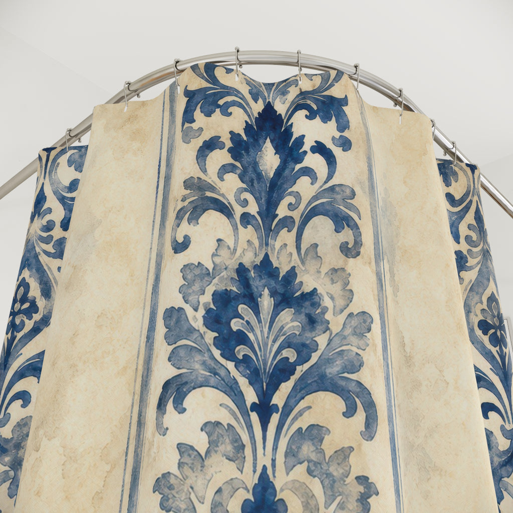 Indigo Watercolor Damask Stripe Shower Curtain