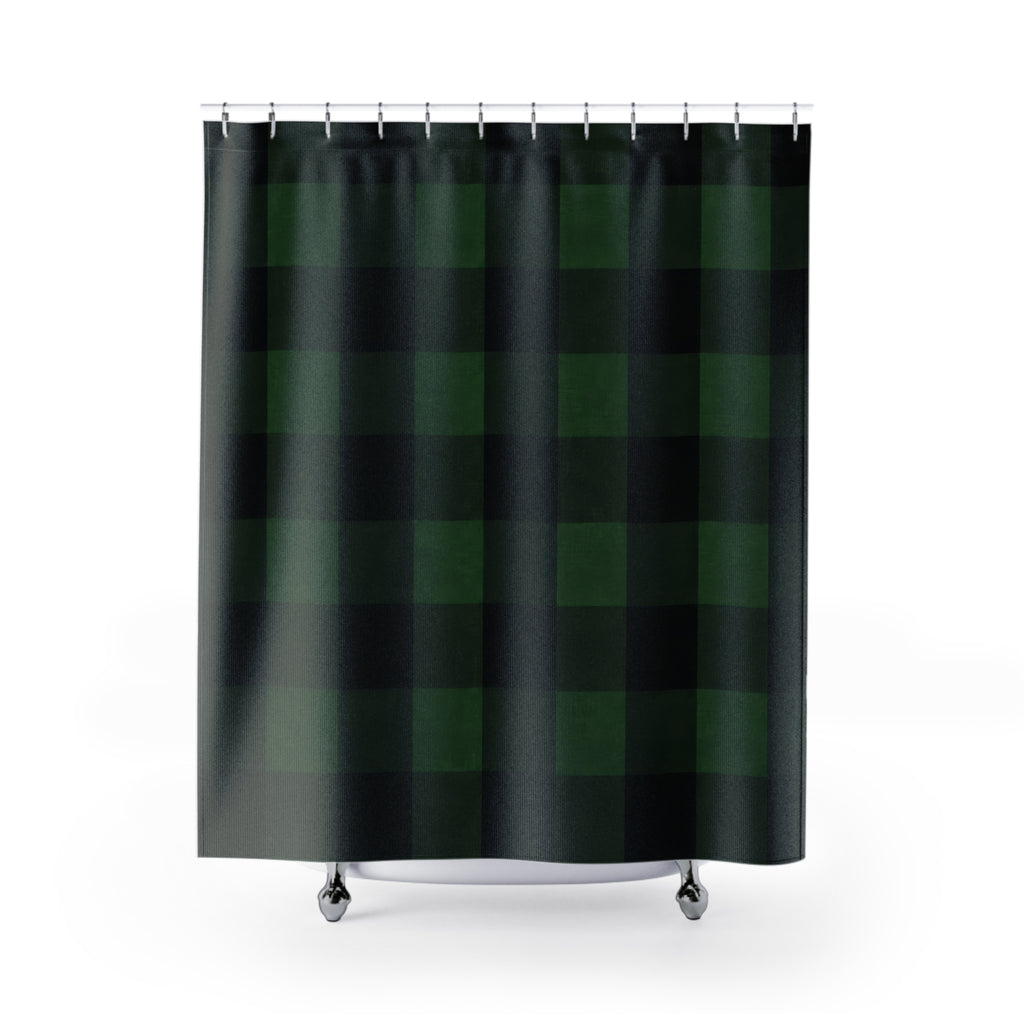 Buffalo Check Shower Curtain, Forest Green Black Plaid Pattern, Rustic Farmhouse Bathroom Decor, Lodge Guest Bath Cabin Style
