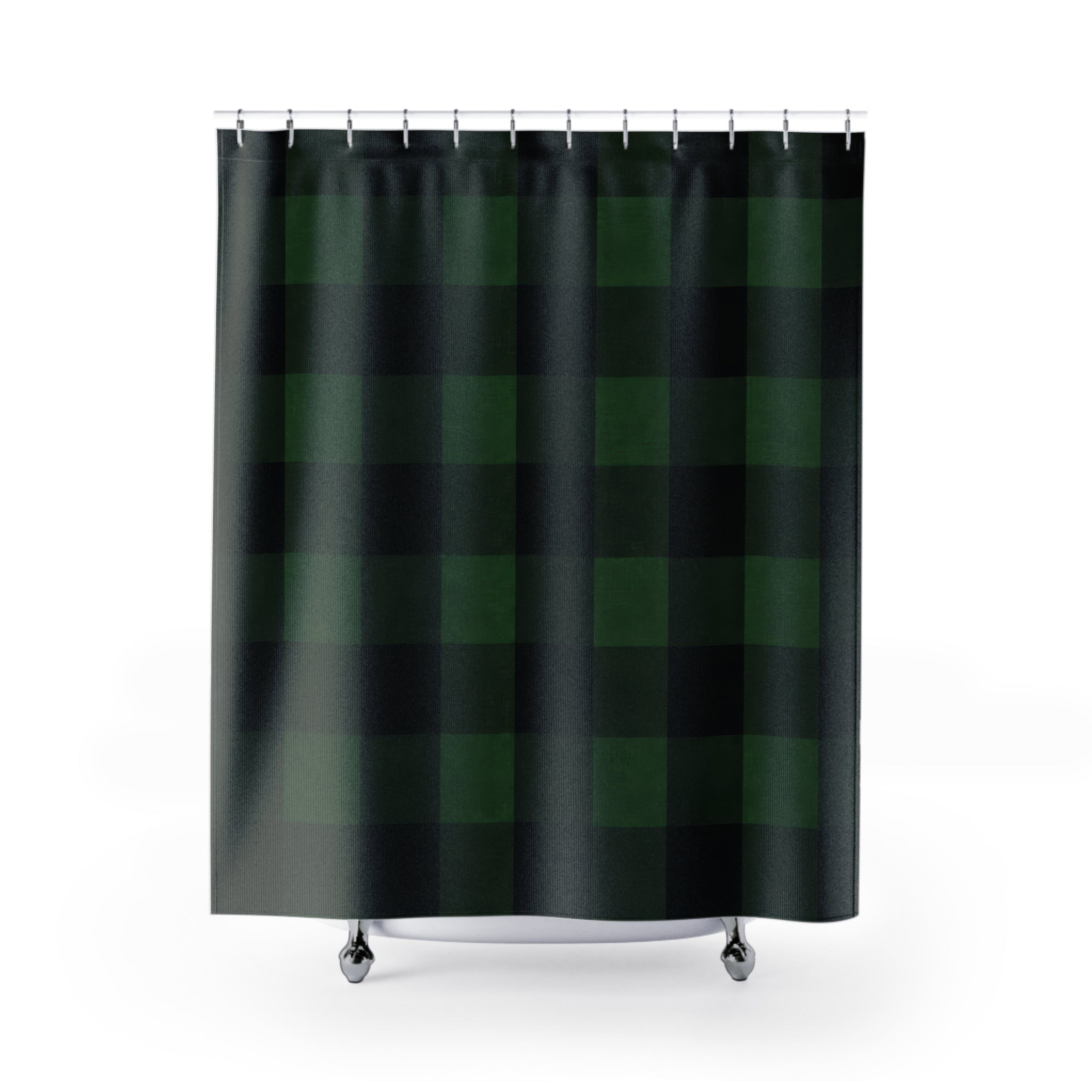Buffalo Check Shower Curtain, Forest Green Black Plaid Pattern, Rustic Farmhouse Bathroom Decor, Lodge Guest Bath Cabin Style