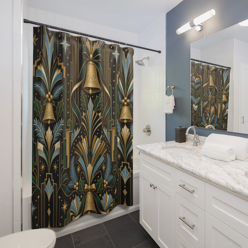 Art Deco Christmas Shower Curtain, Emerald Gold Bell Holiday Pattern, Black Icy Blue Winter Bathroom Decor, Glamorous Guest Bath