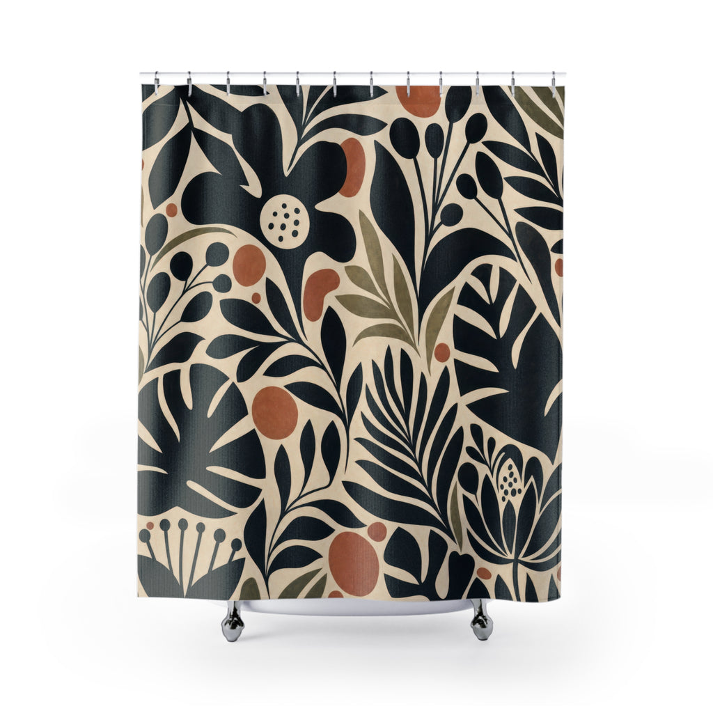 Unique Black Floral Shower Curtain, Graphic Botanical Leaf Pattern, Cream Tan Scandinavian Decor, Modern Guest Bath Accent, Neutral Style