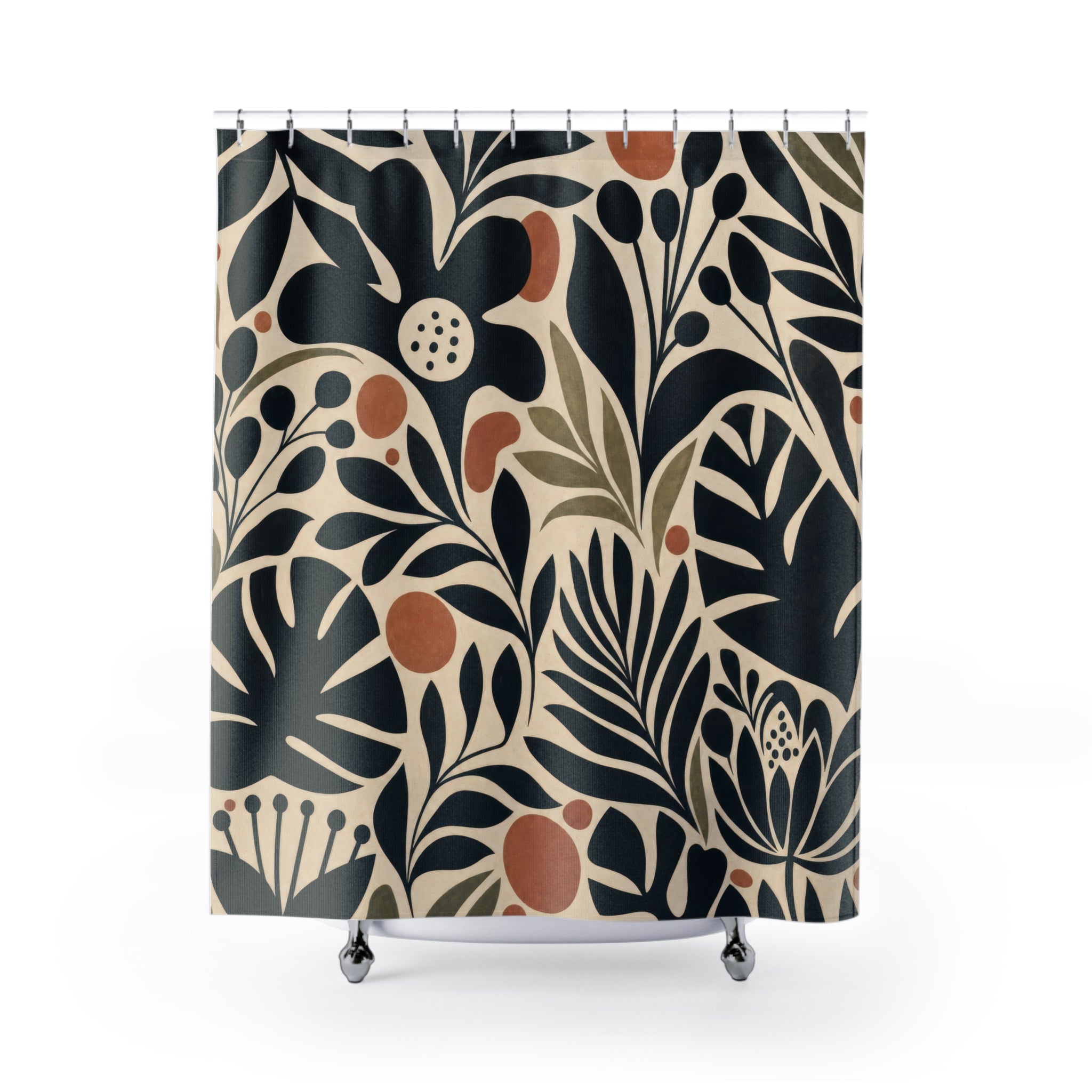 Unique Black Floral Shower Curtain, Graphic Botanical Leaf Pattern, Cream Tan Scandinavian Decor, Modern Guest Bath Accent, Neutral Style