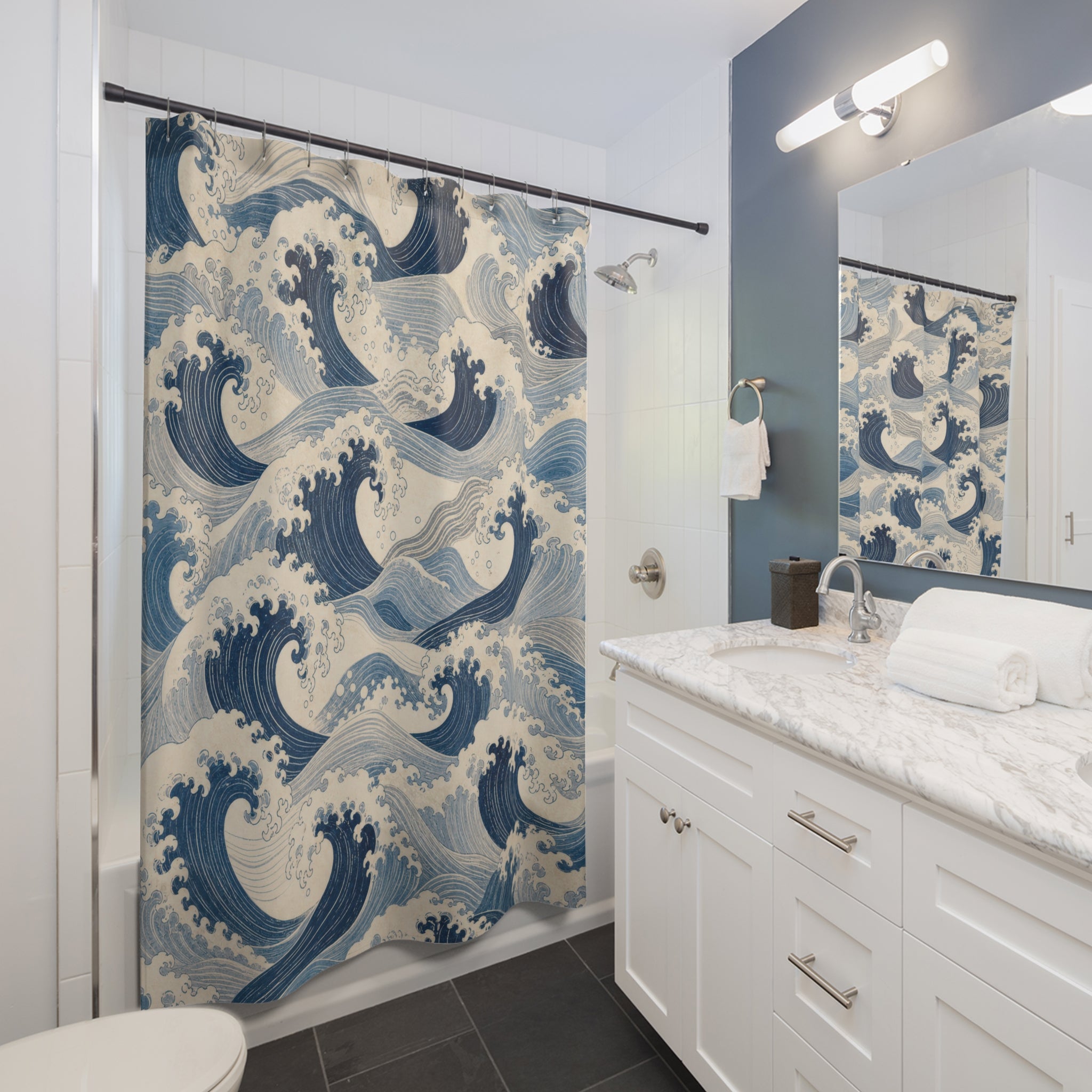 Blue Wave Shower Curtain, Japanese Inspired Ocean Pattern, Navy Coastal Bathroom Decor, Fresh Coastal Wall Decor Guest Bath Wall Gift
