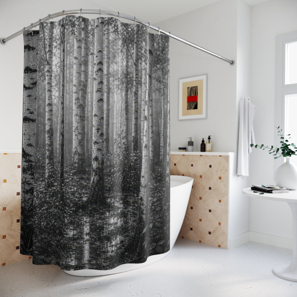 Black White Birch Rain Photo Shower Curtain