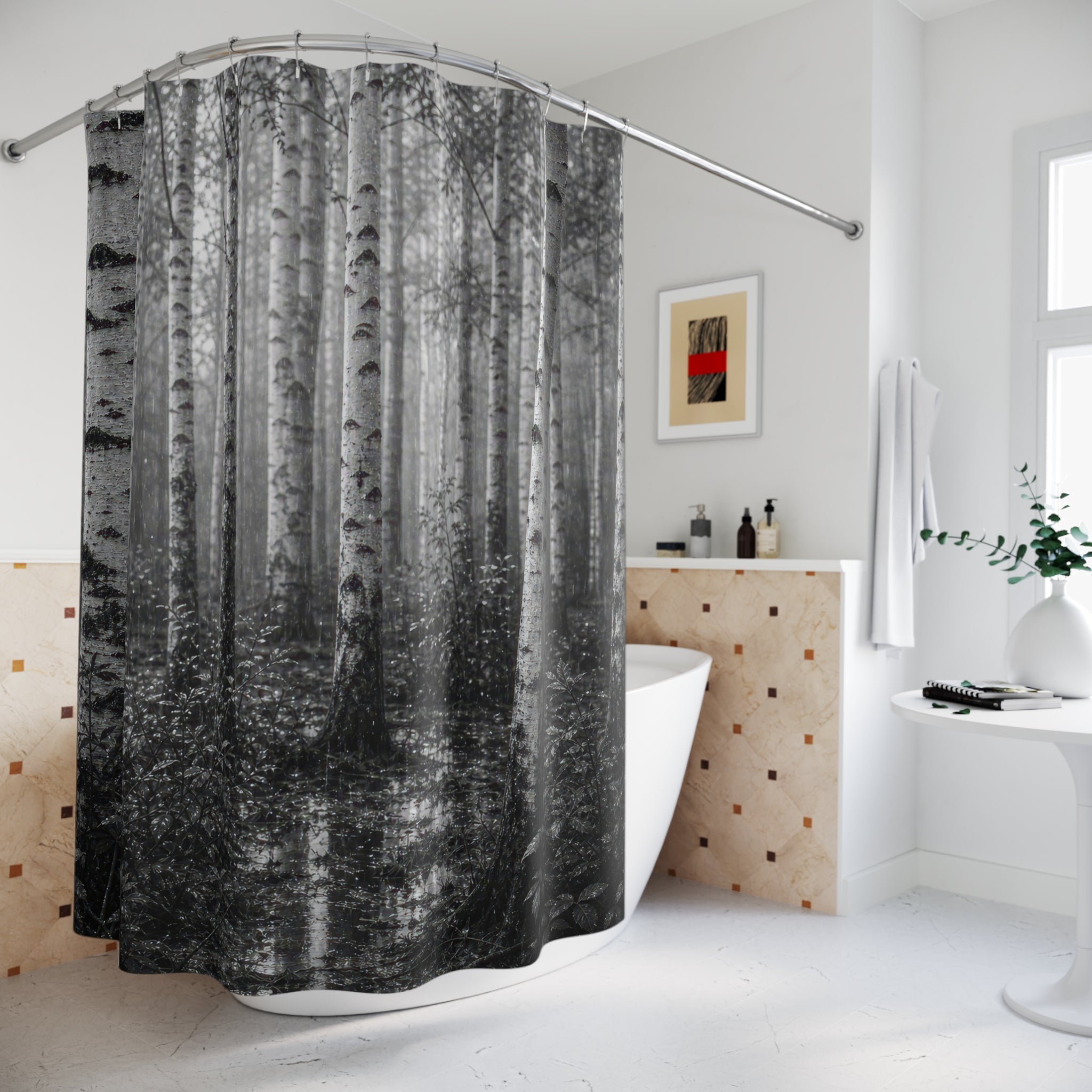 Black White Birch Rain Photo Shower Curtain