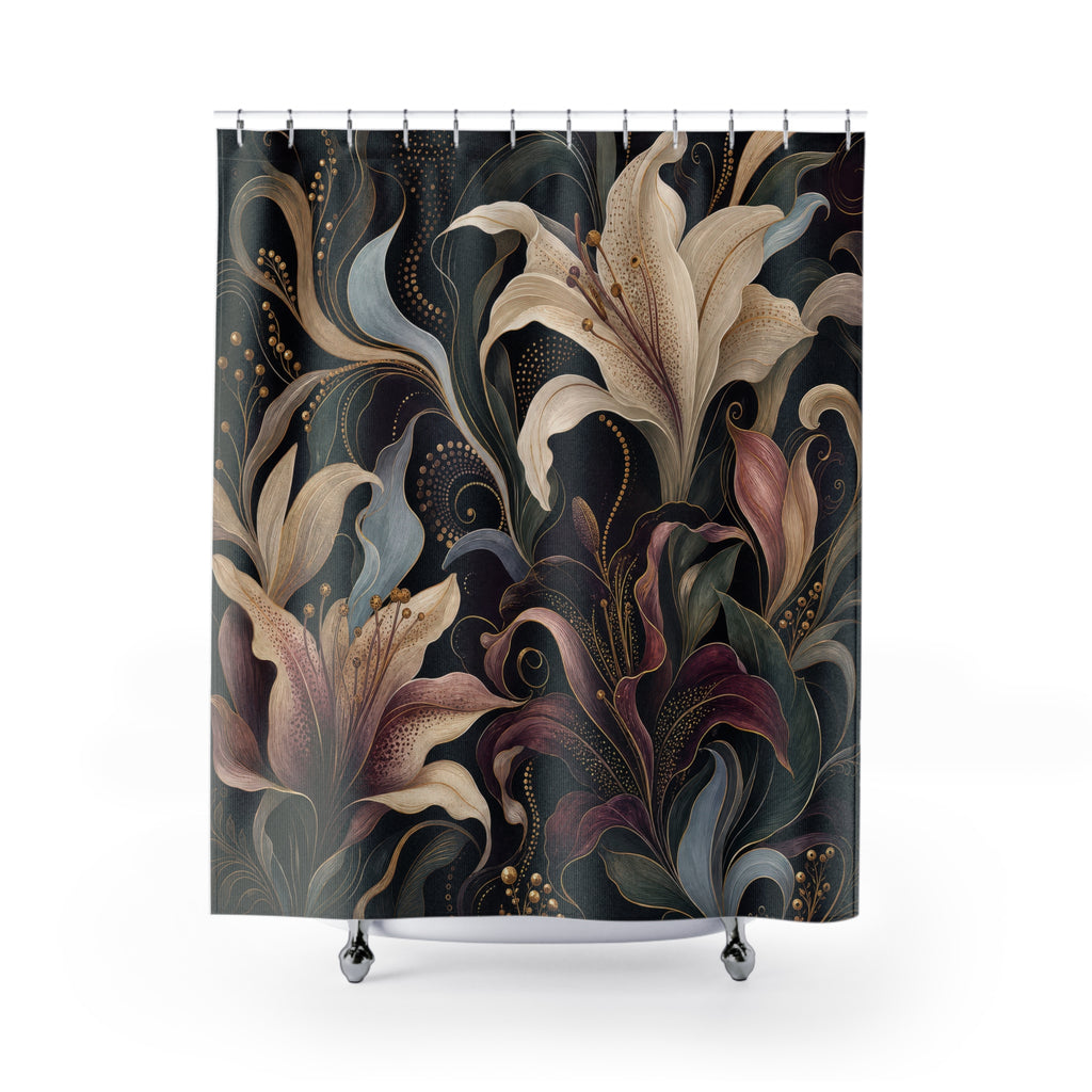 Dark Lily Shower Curtain, Black Plum Moody Bathroom Decor, Large Floral Bath Curtain, Dramatic Guest Bathroom Decor, Powder Room Decor