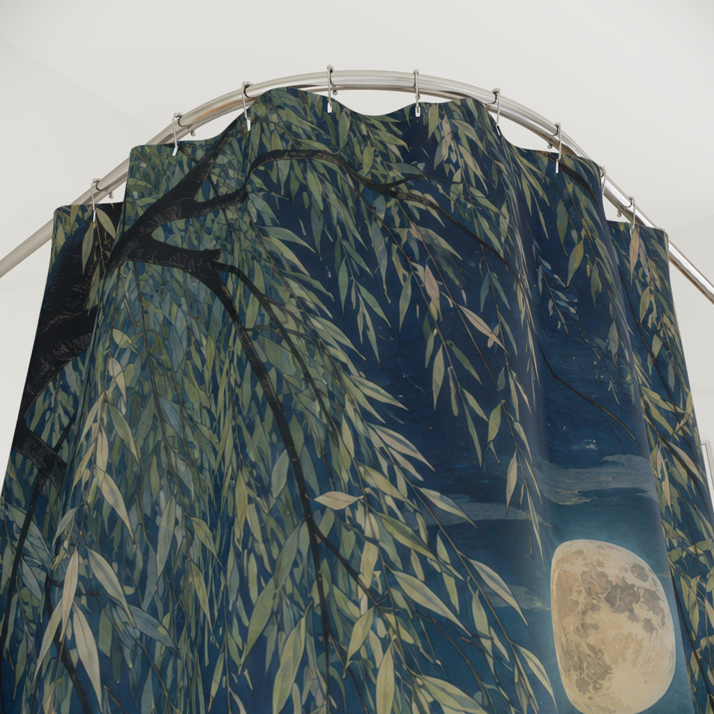 Moonlit weeping willow and lake shower curtain with close-up print, hooks, and folds