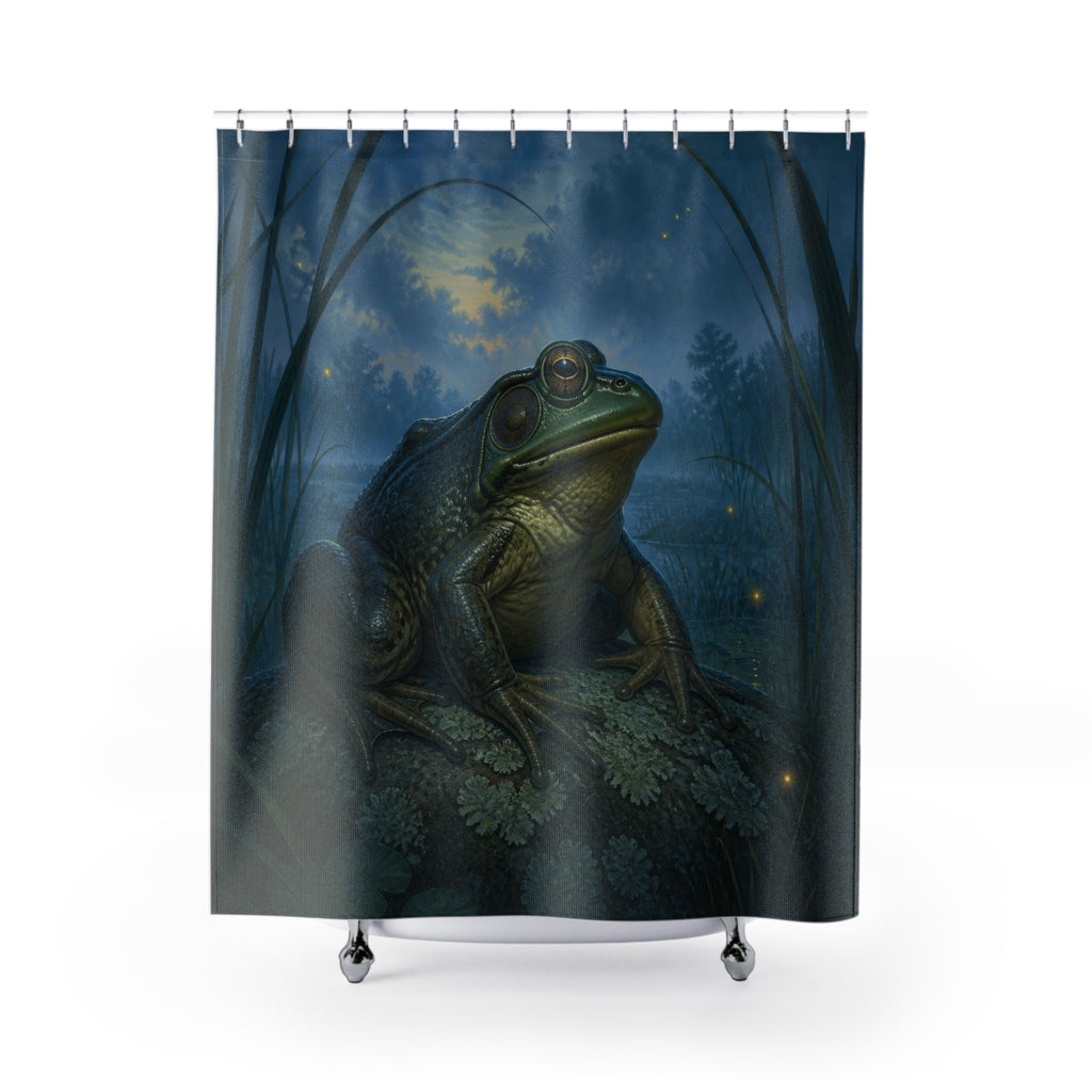 Bullfrog resting in a moonlit blue marsh shower curtain with full front view