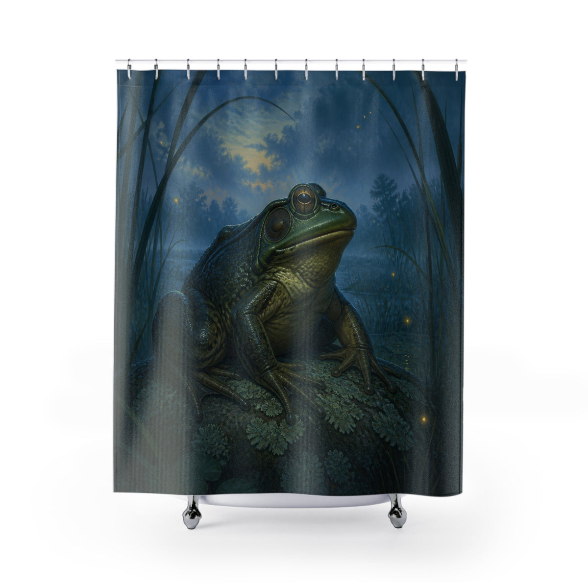 Bullfrog resting in a moonlit blue marsh shower curtain with full front view