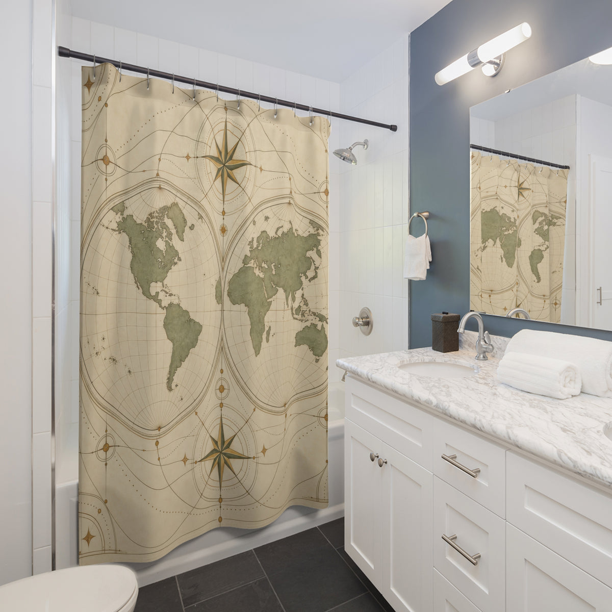 Sage and cream world map with antique hemispheres shower curtain beside a white vanity